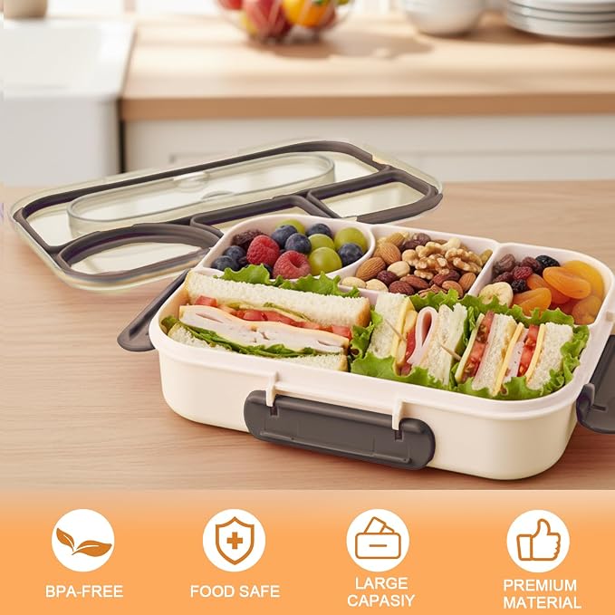 Bento Box for Adults, 4 Compartments Lunch Box, Lunch Containers, Beige