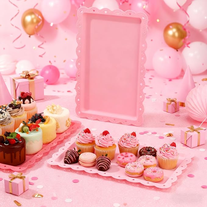 6 Pcs Pink Serving Trays Plastic Platters Dessert Cupcake Holder Party Supplies 14.4 x 9.3 Inches Rectangular Cookie Snack Display Tray for Wedding Restaurant