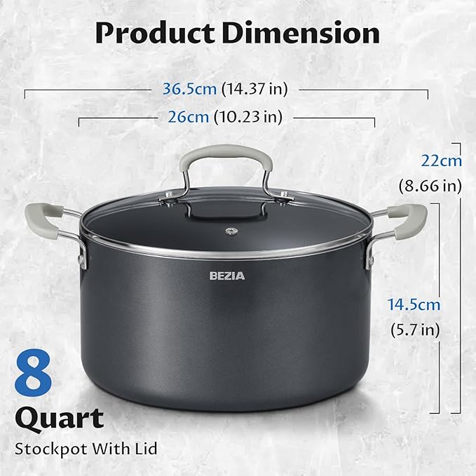 BEZIA 8QT Non Stick Stock Pot with Lid, Ceramic Induction Cooking Pot | Stay-Cool Silicone Handles, Oven Safe & Easy Cleanup, for All Stovetops, for Whole Chicken Soup, Weekend Meal Prep, Blanching