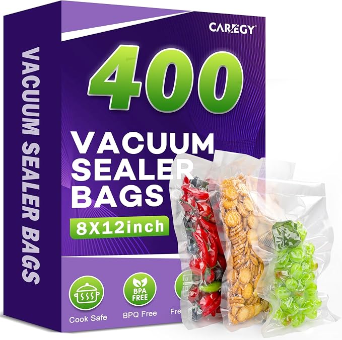CAREGY Vacuum Sealer Bags 400 Quart | 8" x 12" with BPA Free for Food Storage Meal Prep or Sous Vide