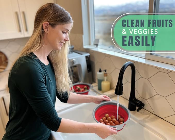 Comfify Ultimate Kitchen Strainers Set of 2 - Collapsible Silicone Colanders For Easy Storage - Use with Pasta & Veggies or as a Fruit or Berry Bowl with Strainer - Irreplaceable for Campers - Red | Red; silicone; set of 2 (8" & 9.5"); collapses to 1.2...