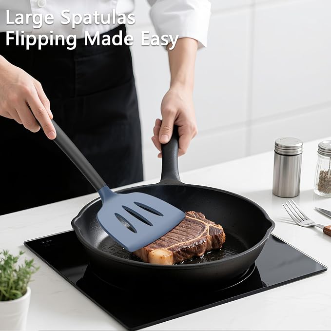 Coukre 3 Pack Silicone Spatula Set, Heat Resistant to 500°F, BPA-Free | Fish Spatula, Solid & Slotted Turners, Dishwasher Safe, Spatula Set for Eggs, Pancakes, Fish & Burgers, DarkBlueBlack