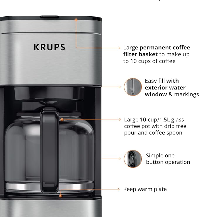 KRUPS Coffee Maker 10 Cups Simply Brew Stainless Steel Drip Coffee Maker, 900 Watts Coffee Filter, Drip Free, Dishwasher Safe Pot , Black & Silver | Pause & Brew mid-cycle pour, Keep Warm function, Reusable filter included, Drip-free dishwasher-safe gl...