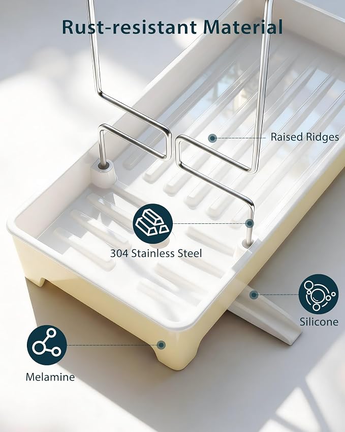 Minimalist Sink Caddy, Rustproof Sponge Holder for Kitchen Sink Yellow | Large Rustproof countertop organizer with 304 stainless steel brush holder, raised ridges and silicone drain tube