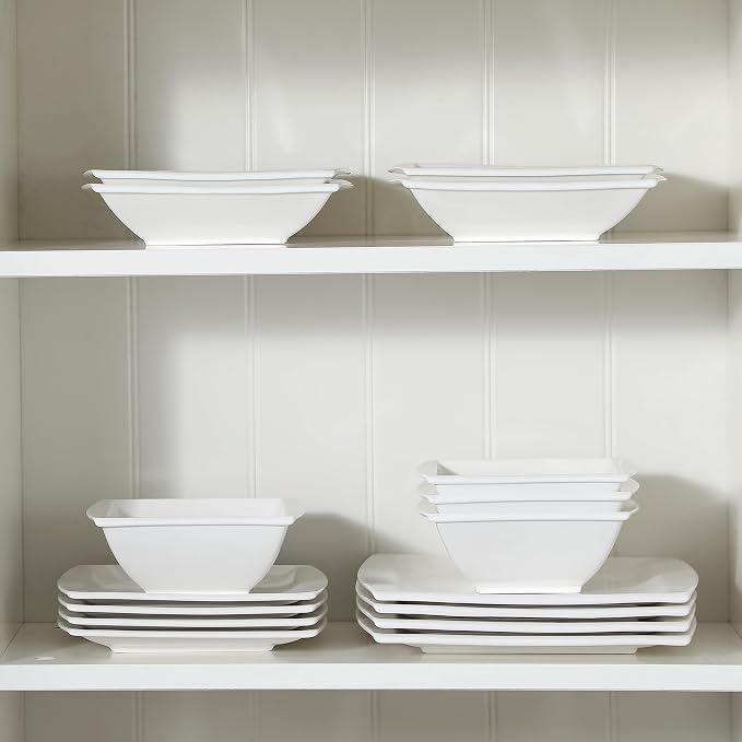 MALACASA 30 Piece Porcelain Dinnerware Set, Square Plates and Bowls for 6 | Complete with Plates, Bowls, Cups, Saucers, Microwave Oven and Dishwasher Safe Porcelain, Modern Square Design, Service for 6