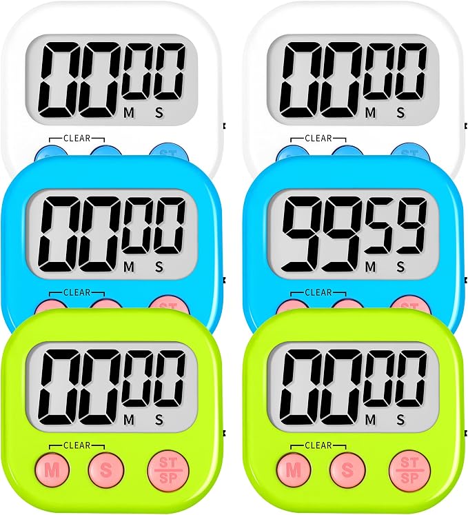 ZILLEEN Digital Kitchen Classroom Timers for Kids Cooking 6pcs Wht Blu Grn | Strong Magnetic, Large Screen, Big Button, Count Up/Down, Loud Alarm, Teacher Classroom Must Haves Supplies