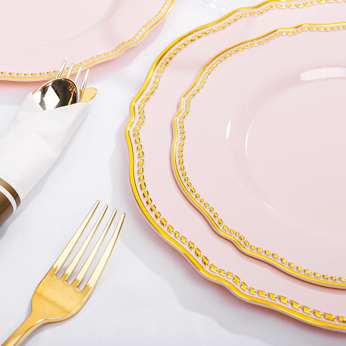 175 Pcs Pink and Gold Plastic Plates Wedding & Party | Pink Plastic Dinnerware Set Includes 25 Dinner Plates, 25 Dessert Dinnerware, 25 Cups, 25 Napkins