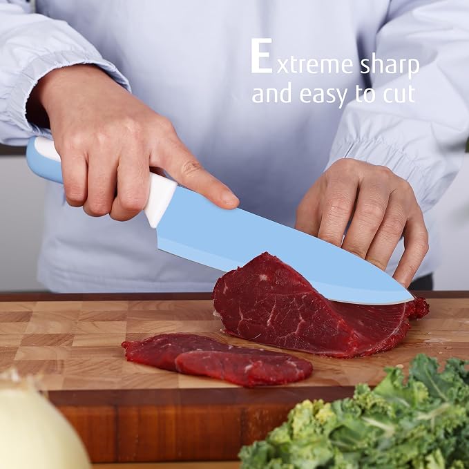 hecef 15 Pieces Kitchen Knife Block Set, Blue | Built-in Sharpening Wooden Block, Dishwasher Safe, High Carbon Stainless Steel, Includes Steak Knives & Kitchen Scissors