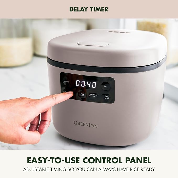 GreenPan Advanced Rice Cooker, 4-Cups Uncooked/8-Cups Cooked, Removable Nonstick Ceramic PFAS-Free Pot, White & Brown Rice, Family Sized, Quick Cook in 25mins, 6 Presets, Fuzzy Logic Tech, Clay