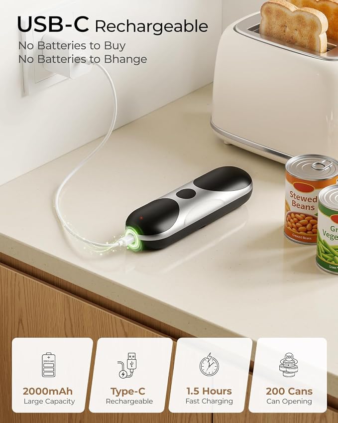 One-Touch Automatic Electric Can Opener for Seniors with Arthritis | Cordless Battery Powered, Side Cut, Smooth Edge, Handsfree, for Any Size Cans