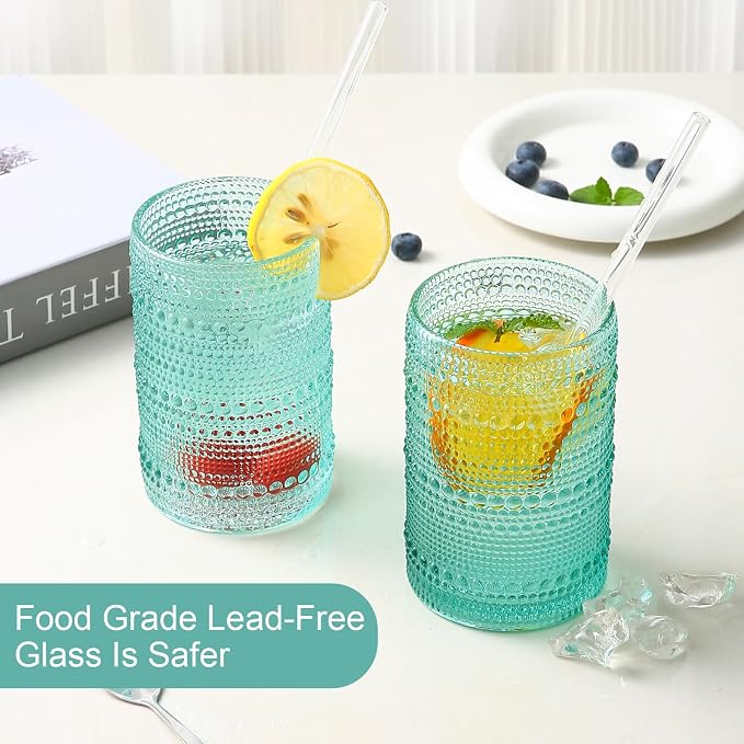ZMOWIPDL Drinking Glasses Set of 6,15 oz Lake Blue Hobnail Glass Cups | Vintage Glassware，Embossed Water Tumbler,for Beer,Cocktail,Whiskey,Juice and Various Mixed Drinks- 1 Cleaning Brush