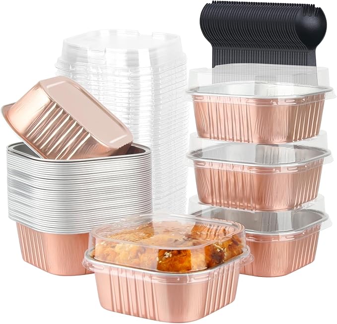 LNYZQUS 10oz Mini Cake Pans with Lids, Small Cinnamon Roll Containers | 40 Pack, Individual, Disposable, Aluminum Foil, Square Baking Tins, 4 Inch Dessert Cups for Bake Sale Treats, Champagne