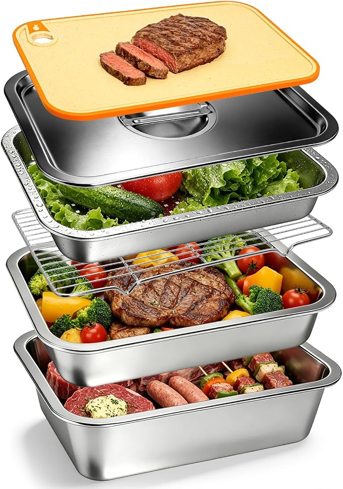 Pro 6 in 1 Grill Prep Tray and Carry System, Large Grilling Prep and Serve Trays with Lid and Cutting Board, Deep Meat Marinating Container as BBQ Grilling Gift, Pro Series, XL