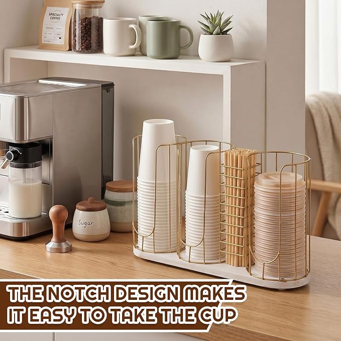 18oz Adjustable Coffee Cup Dispenser with Wooden Base, Cup and Lid Holder, Cups Holder Organizer for Coffee Pod Straw and Lid Storage(4-compartment Single,Color 4)