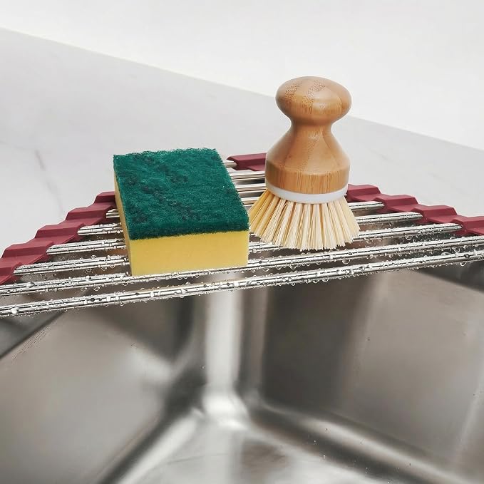 Tomorotec Triangle Roll Up Dish Drying Rack 304 Stainless Steel Wine Red | BPA-Free Food-Grade Silicone Edges Foldable Waterproof Rustproof Heavy-Duty Space Saver Heat Resistant to 550°F
