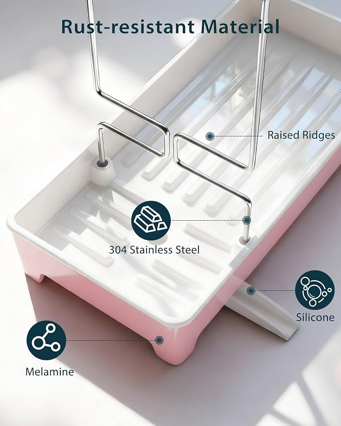 Minimalist Sink Caddy, Rustproof Sponge Holder for Kitchen Sink Pink | Large Rustproof countertop organizer with 304 stainless steel brush holder, raised ridges and silicone drain tube