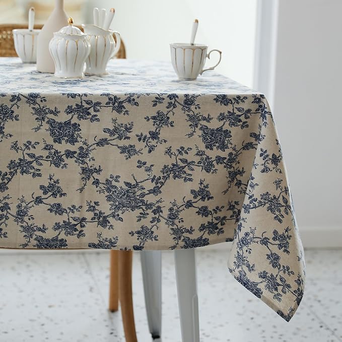 Pastoral Rectangle Tablecloth - 60 x 84 Inch Table Cloth - Washable Table Cover with Dust-Proof Wrinkle Resistant for Restaurant, Picnic, Indoor and Outdoor Dining, Floral (Dark Blue)