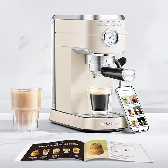 CASABREWS CM5418 Espresso Maker, Compact Espresso Machine with Milk Frother | Stainless Steel, 20-Bar Pump, Built-in Pressure Gauge, Powerful Steam Wand for Cappuccino Latte for Home, 34oz Water Tank