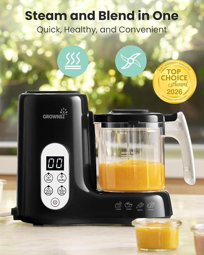 Grownsy Baby Food Maker, Steamer & Blender Baby Food Processor, Black | BPA-Free Elevated Steam Basket, Healthy Homemade Baby Food Purees, Starting Solids & BLW, Baby Feeding Essentials, 6+ Months