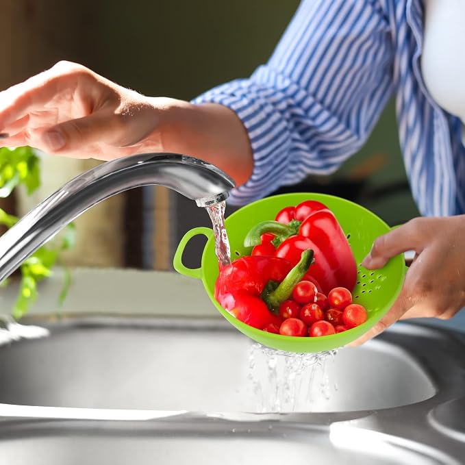 Meadow Lane 6-Inch Small Colanders, 3-Cup Strainers, Green/White, 2-Pack | BPA-free, dishwasher-safe mini colander has a wide, shallow bowl, 1/8-inch holes, two handles, ring foot and smooth edges.