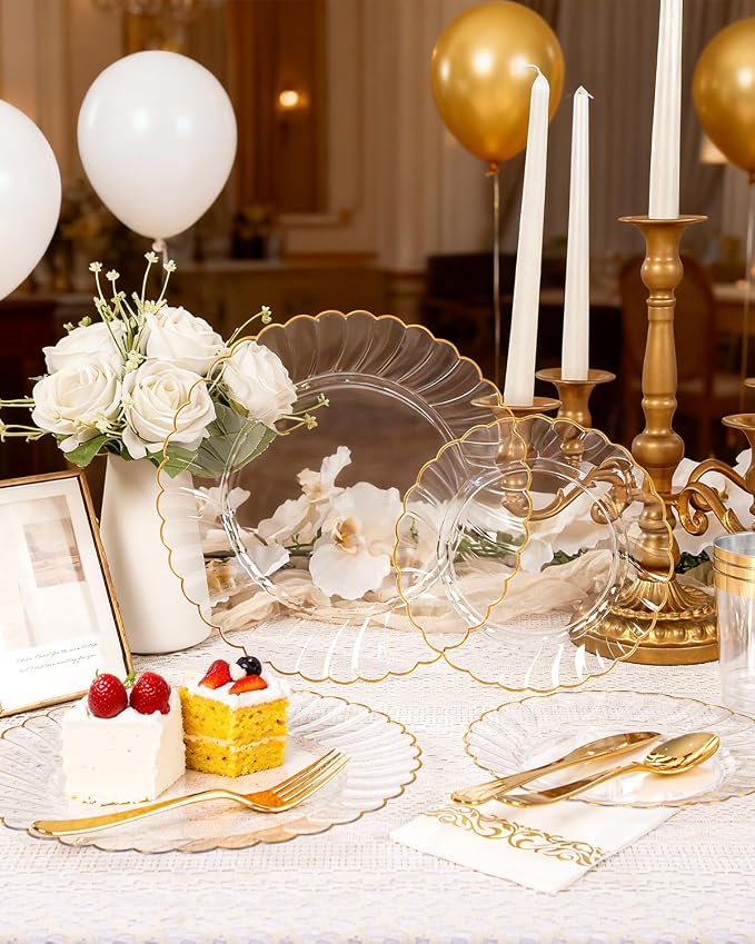 YOUBET 175PCS Clear and Gold Scalloped Plastic Plates for Party Wedding | Clear and Gold Disposable Dinnerware Set Include 50 Plates, 75 Gold Silverware, 25 Cups, 25 Napkins