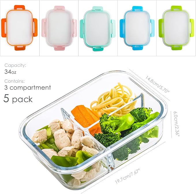 UMEIED Glass Meal Prep Containers 3 Compartment with Lids (5 Pack, 36oz) | Divided Glass Storage Containers for Lunch at Work, Leak-Proof Portion Control Food Containers, Microwave / Dishwasher Safe