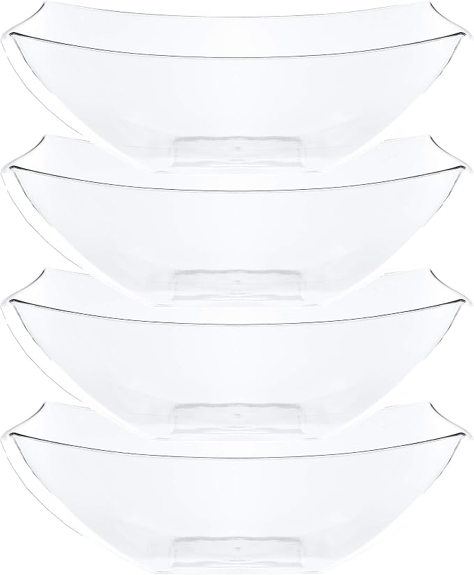 PLASTICPRO Disposable 128 ounce Square Serving Bowls, Party Snack or Salad Bowl, Extra Large Plastic Crystal Clear Pack of 4