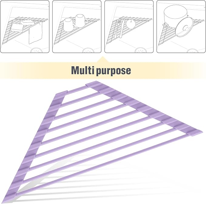 Tomorotec Triangle Roll Up Dish Drying Rack with Silicone Coating, Purple | 304 Stainless Steel with BPA-Free Silicone, Triangle Design Maximizes Sink Corner Space, Fits Compact Kitchens And RVs