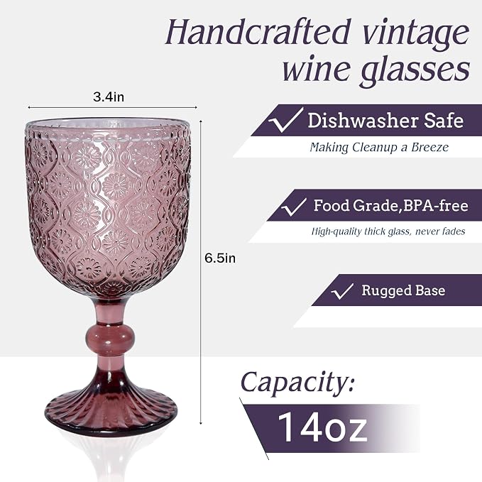 Purple pink Wine Glasses set of 6, 14 oz Purple pink Goblets Glassware (not painted or coated), Colored Vintage Glassware for Weddings, Parties, Restaurants, Bars, Cafeterias, Dishwasher Safe