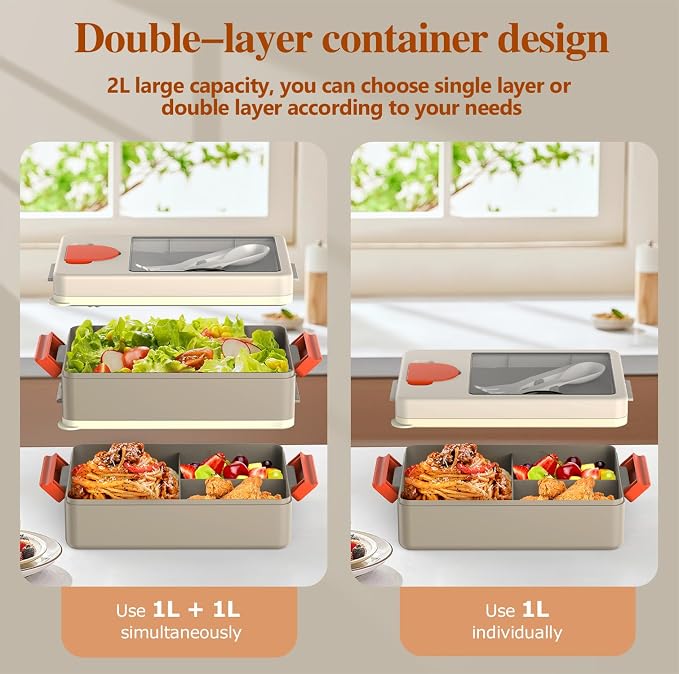 Sitlais Bento Box for Adults, 67oz 2-Layer Stackable Lunch Box with Bag | Leakproof, microwave safe and BPA-free; includes sauce cup and utensils for work, travel, gym and meal prep