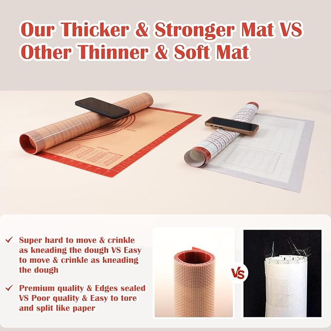 Extra Thick Silicone Pastry Mat Large - NonStick Silicone Baking Mat Dough | With Measurement for Kneading Fondant/Counter Pad Dough Rolling Silicon Cookie Sheet Pie Crust Sourdough Bread Supplies Bake