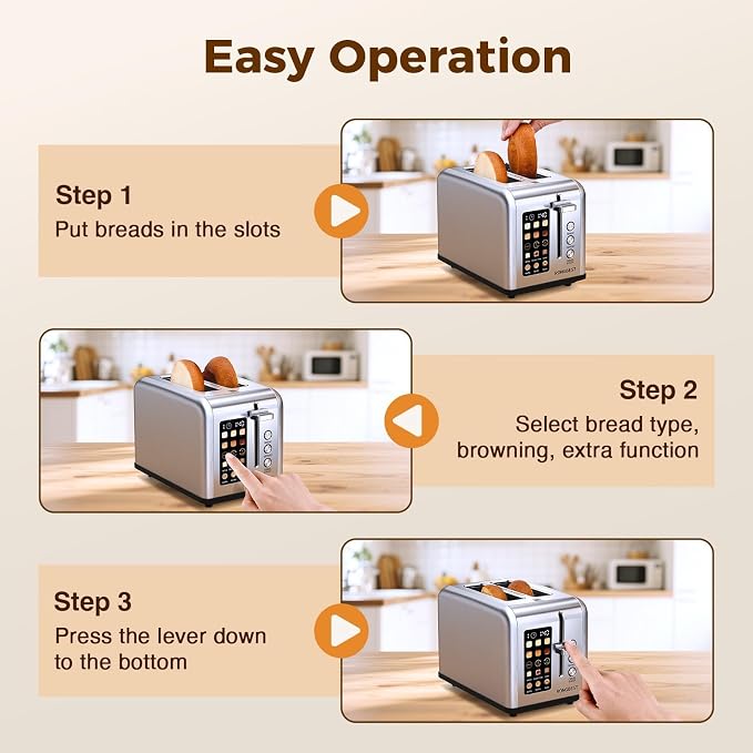 2 Slice Touch Screen Toaster with Wide Slots, Single Slice Mode, Silver | Stainless Steel, Toast Bagel & Bread for Family Breakfast, Digital Touchscreen, ±15s, Reheat & Defrost, Removable Crumb Tray