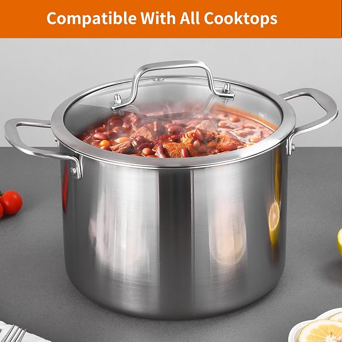 DELARLO Tri-ply Stainless Steel 8 Quart Heavy Duty Induction Stock Pot | Soup Pot with Lid, 18/10 Induction Big Stockpot with Lids, Large Stainless Steel for Cooking, Up to 600℉