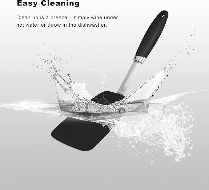 5-Piece Silicone Spatulas Set with Tongs, 446°F Heat Resistant, Black | Steel-core Utensils, Nonstick-safe Silicone Turners and Tongs for Flipping, Grilling, Mixing and Baking, Dishwasher Safe