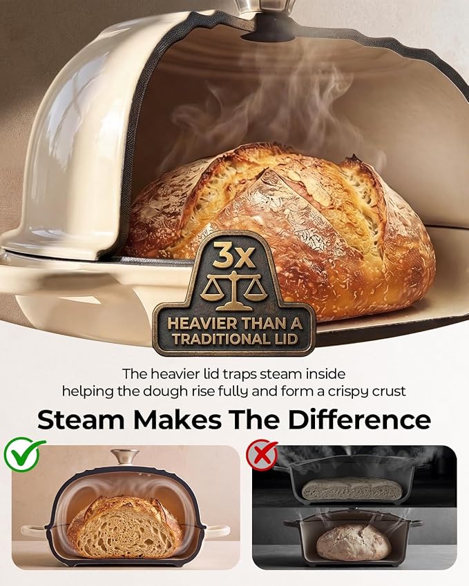 5QT Enameled Cast Iron Sourdough Bread Oven & Starter Kit, White | Tight-fitting Dome Lid Helps Retain Steam, Baking Kit Supports Proofing, Scoring & Dough Transfer, Complete Artisan Bread Set