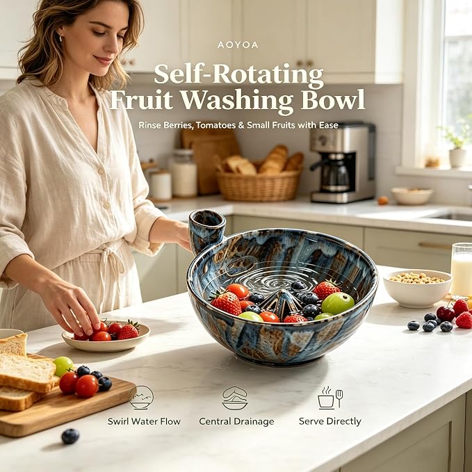 Self Spinning Ceramic Berry Washing Bowl with Drain Holes, 7'' Kitchen Fruit Washer Spinner Bowl with 10pcs Sponges (A-Pink)