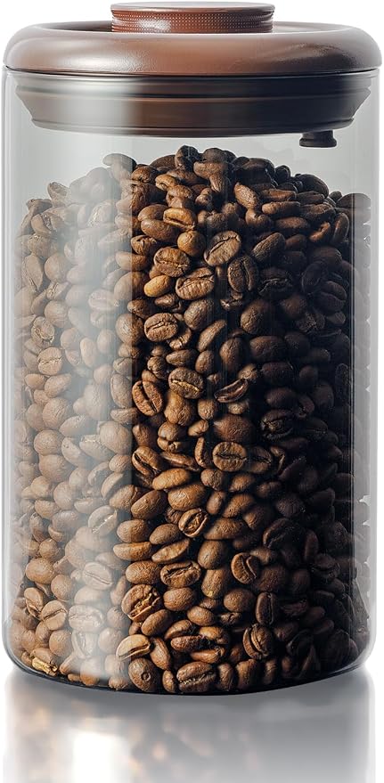 Airtight Coffee Canister, 13oz Brown Glass Jar with Pop-Top Lid | One-Way CO2 Valve Helps Store Ground Coffee, Whole Beans and Espresso in a Compact Jar for Home Coffee Bars and Daily Brewing