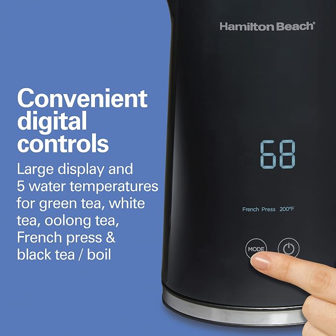 Hamilton Beach Digital Temperature Control Electric Tea Kettle, Hot Water Boiler & Heater 1.7L, 5 Preset Modes + Keep Warm, Fast Boil 1500 Watts, BPA Free, Cool-Touch Exterior, Black (41033) | Fast Boiling 1500 Watts |Temp Control + 5 Presets | Cool-To...