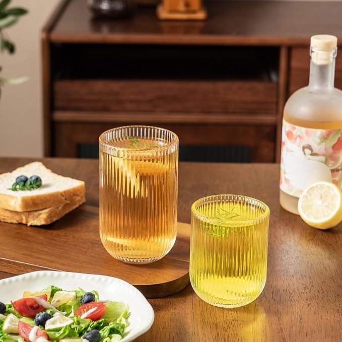Ribbed Drinking Glasses 4pcs, Rocks Drinking Glasses 12oz and 10oz, Tumbler Glasses Cup Set for Wedding, Party, Christmas Gift, Clear