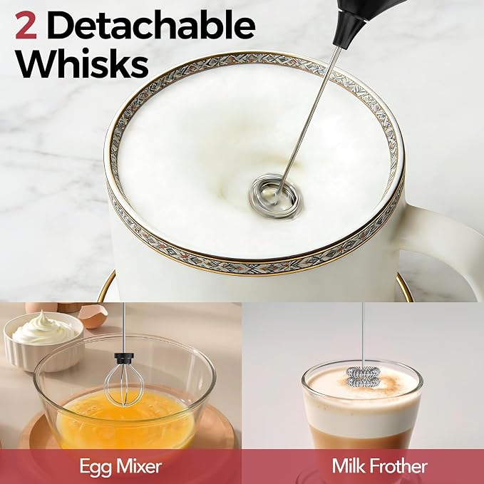 YARRAMATE Rechargeable Milk Frother, 3-Speed Electric Mixer with Stand | Frother Wand with 2 Stainless Steel Whisks, Handheld Drink Mixer for Latte, Cappuccino, Matcha, Coffee and Protein Drinks