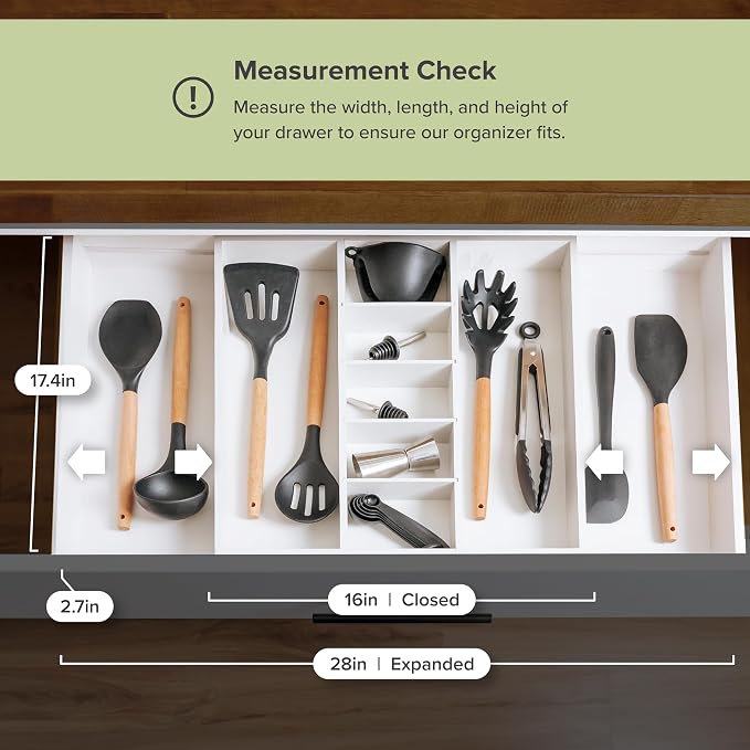 Utensil & Junk Drawer Organizer, 16-28 in, White Bamboo | Food-safe contract grade, 100% sustainable wood, non-slip, adjustable
