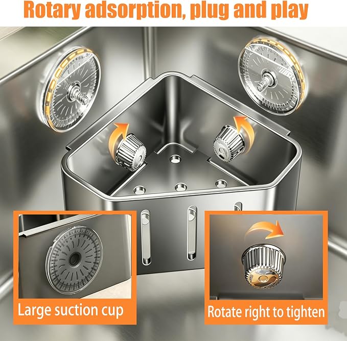 Suction Cup Sink Organizer, Stainless Steel Sink Caddy with Strong Suction Cups That Won't Tip Over, Large Capacity Kitchen Sink Organizer Countertop Space Saver