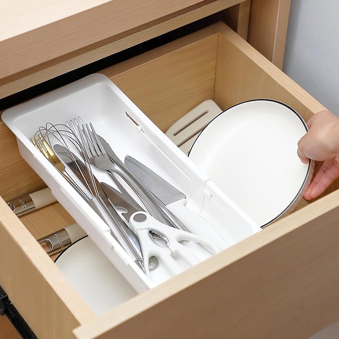 1 Pack Deep Drawer Organizer Adjustable Storage Bin(12.4-17.7") | Adjustable Width Design, Maximize Drawer Storage, Kitchen & Home Organization Solution