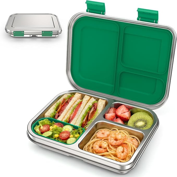 BABHAMNESS Stainless Steel Bento Box Kids, 3 Compartments Leak Proof Metal Bento Lunch Box, 304 Stainless Steel Bento Lunch Containers for School and Office,Dishwasher Safe, BPA-Free-Green