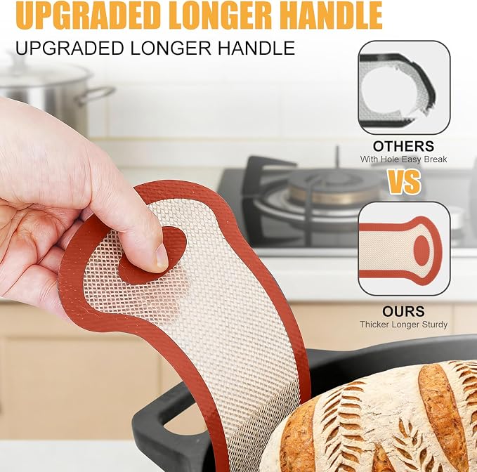 Silicone Bread Sling, 2Pcs Oval Silicone Baking Sling with Longer Handles, Non-Stick & Easy Clean Dutch Oven Baking Mat to Transfer SourDough Easily, Reusable Bread Mat Set （2PCS Red Oval）