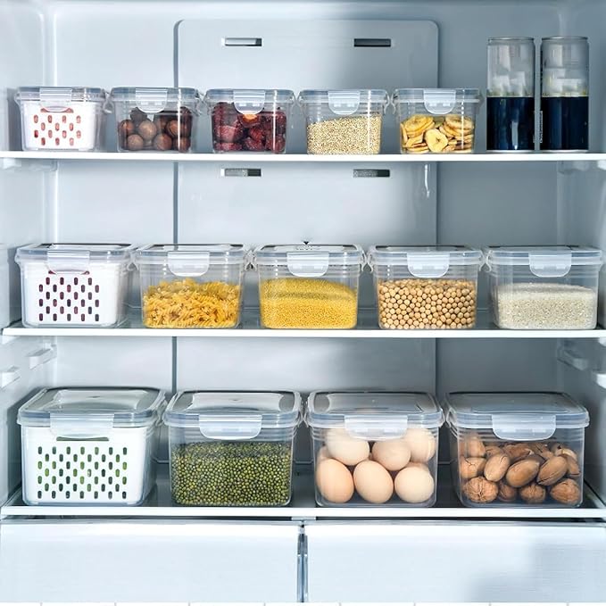 4 in 1 Food Storage Container with Lid, 2026 New Fruit Storage Containers for Fridge, Transparent Produce Storage Box with Drain Basket & Removable Colander for Salad Berry Vegetables (Blue, M)