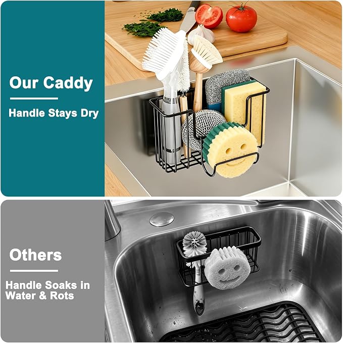 Fikoksol Sponge Holder for Kitchen Inside Sink Hanging with Adhesive Hook | Multifunctional Kitchen Sponge Caddy for Brush Storage, Metal Deep Non-Rust Kitchen Sponge Organizer Rack In Sink Accessory