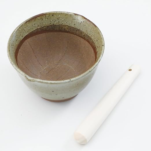 Asayu Japanese Ceramic Grey Mortar Bowl with Wooden Pestle 6.3 in (160 mm), Made in Japan Dishwasher and Microwave Safe Ripple Ridge Suribachi and Sukirogi Set