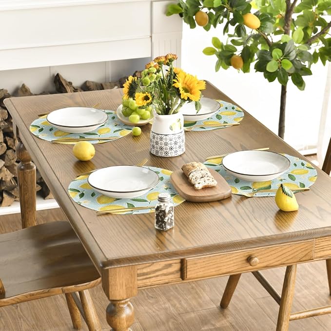 Artoid Mode Blue Lemon Flower Floral Round Summer Placemats Set of 4, 14 Inch Spring Round Table Mats for Dining Decoration