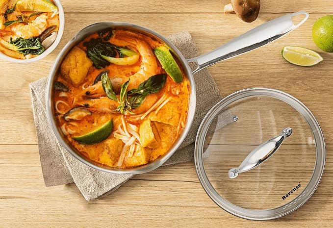 Rorence 3-Quart Saucepan with Lid: Pour and Strain Stainless Steel Sauce Pan with Pour Spouts, Capsule Bottom & Tempered Glass Lid | Pour and Strain, Pour Spouts, Capsule Bottom, Tempered Glass Lid